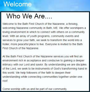 Bath FIrst Church of the Nazarene Welcome section